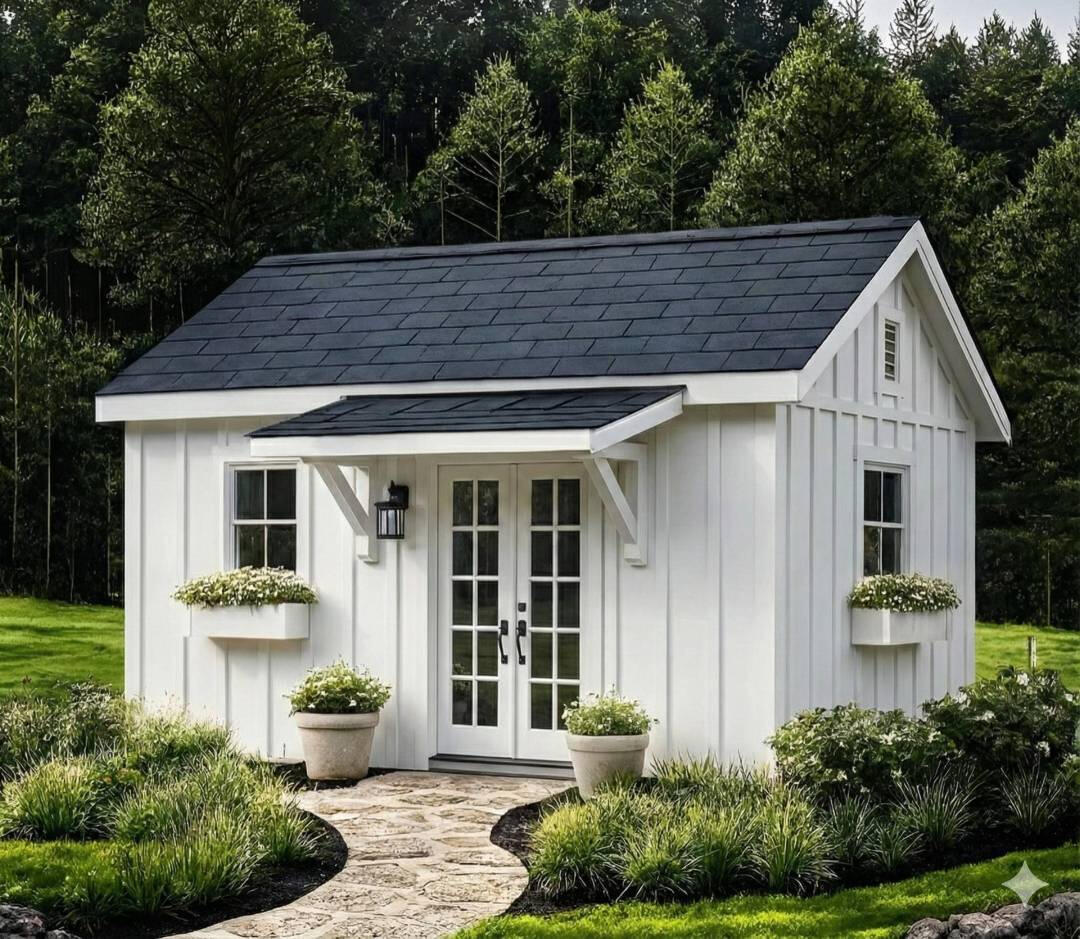 White Appalachian-style garden shed with board-and-batten siding, black shingle roof, French doors, and landscaped stone walkway in a wooded setting